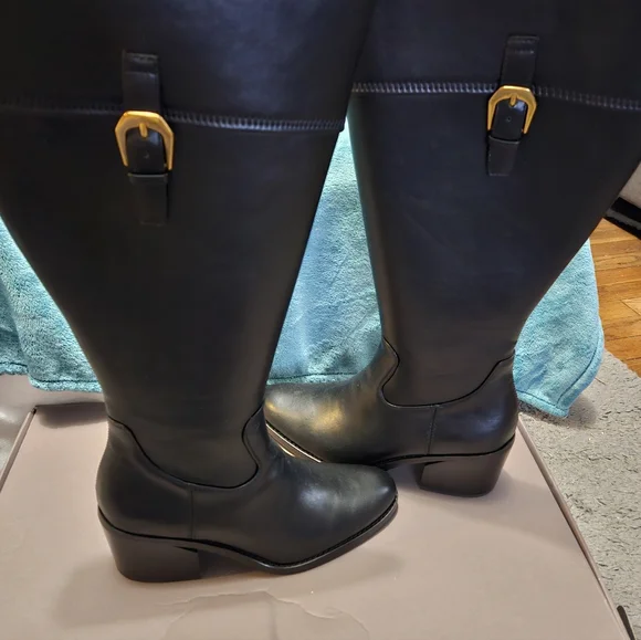 Franco Sarto Black Leather Knee High Wide Calf Boots - Picture 3 of 7